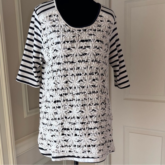 Boho Chic Striped Black and White Lace Blouse 95% cotton size M - Picture 1 of 10